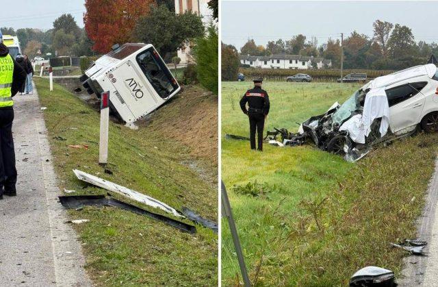 Scontro frontale tra auto e bus di studenti a Ordezo, morto un automobilista