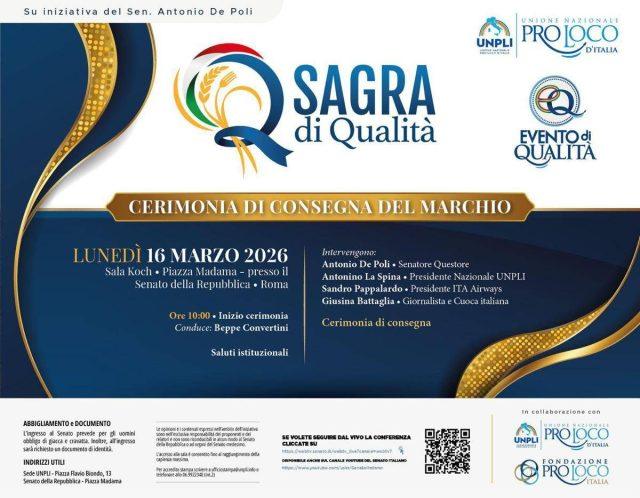 Sagre, lunedì al Senato Unpli premia le eccellenze dei territori